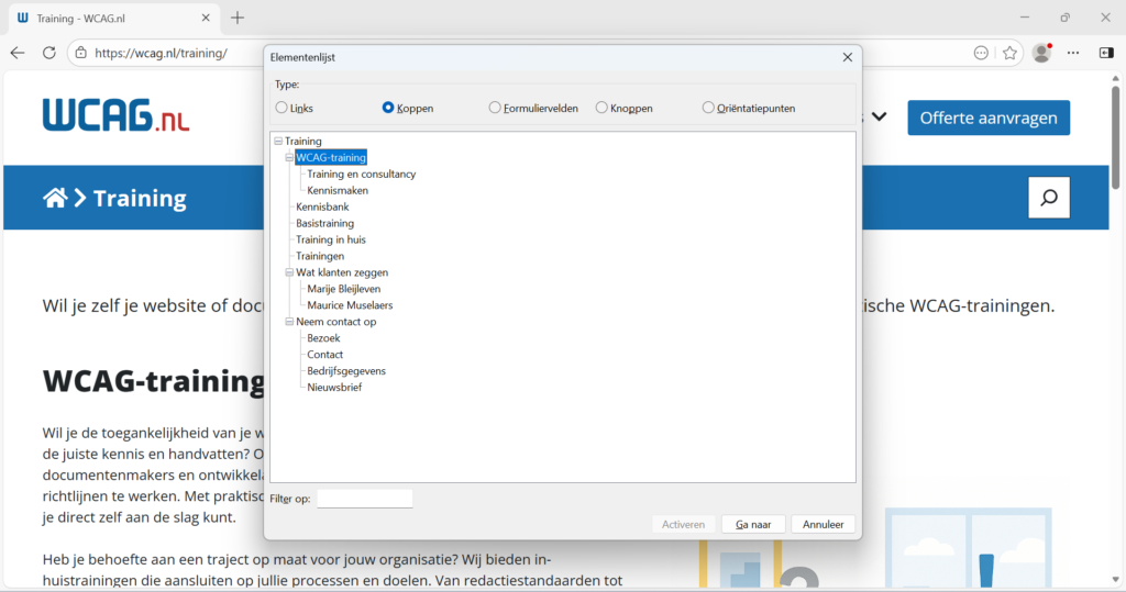 NVDA op Windows toont de koppenstructuur van de pagina, zodat de gebruiker direct naar een specifieke sectie kan springen