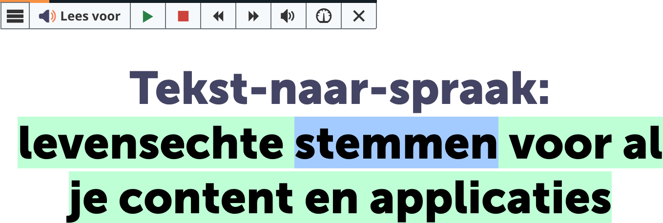 ReadSpeaker leest geselecteerde tekst op een webpagina voor, de blauwe balk geeft aan welk deel wordt voorgelezen